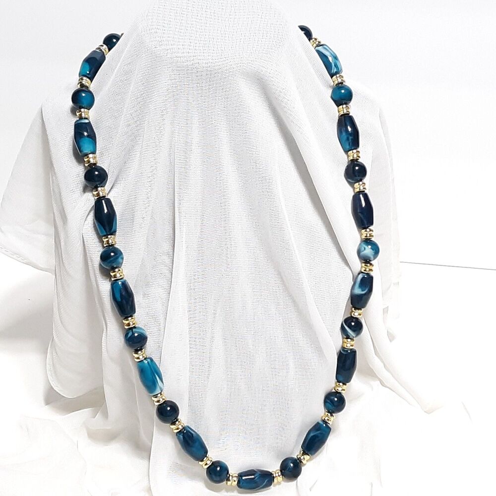 Turquoise Blue Gold Tone Beaded Necklace Round Plastic layering boho retro